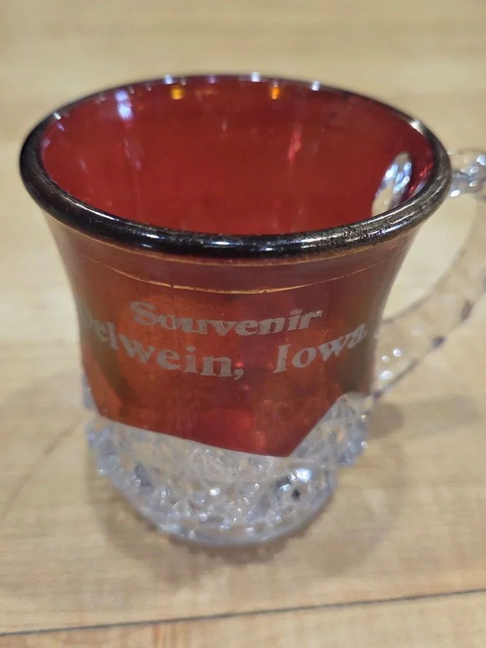 Antique EAPG Indiana Glass Ruby Stained Souvenir Mug Oelwein Iowa